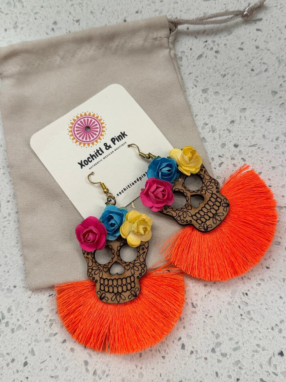 Xochitl & Pink Sugar Skull Earrings Orange Tassel Day of the Dead